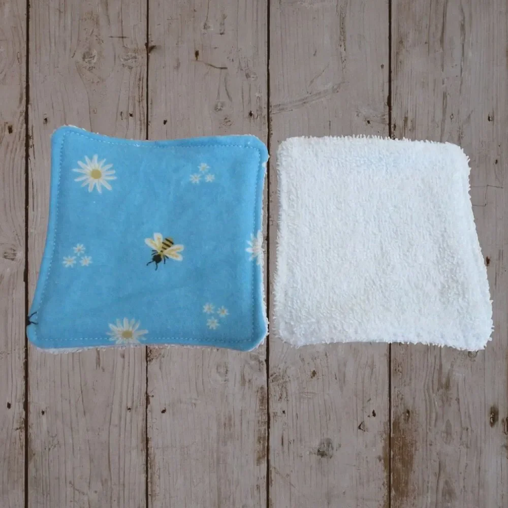 Handmade Makeup Remover Pads,  6 Blue Square Pads, Flannel and Terry Cloth